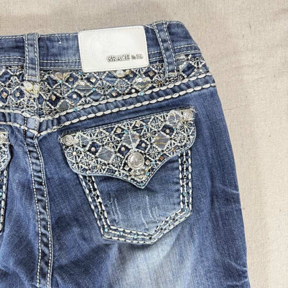 Grace Women's 27 Bootcut Jeans Medium Wash Embellished Rhinestone Flap Pocket - Picture 9 of 13